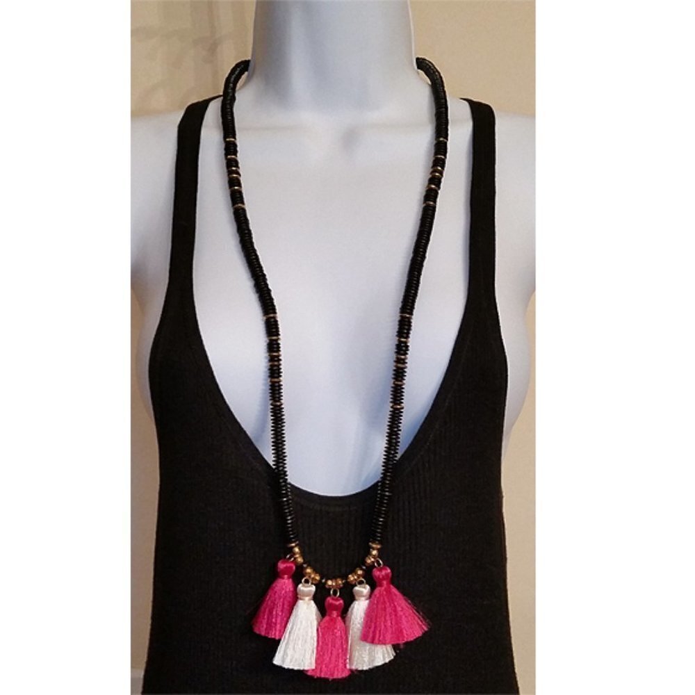 BPD black beaded long necklace with tassels Betsy Pittard Design